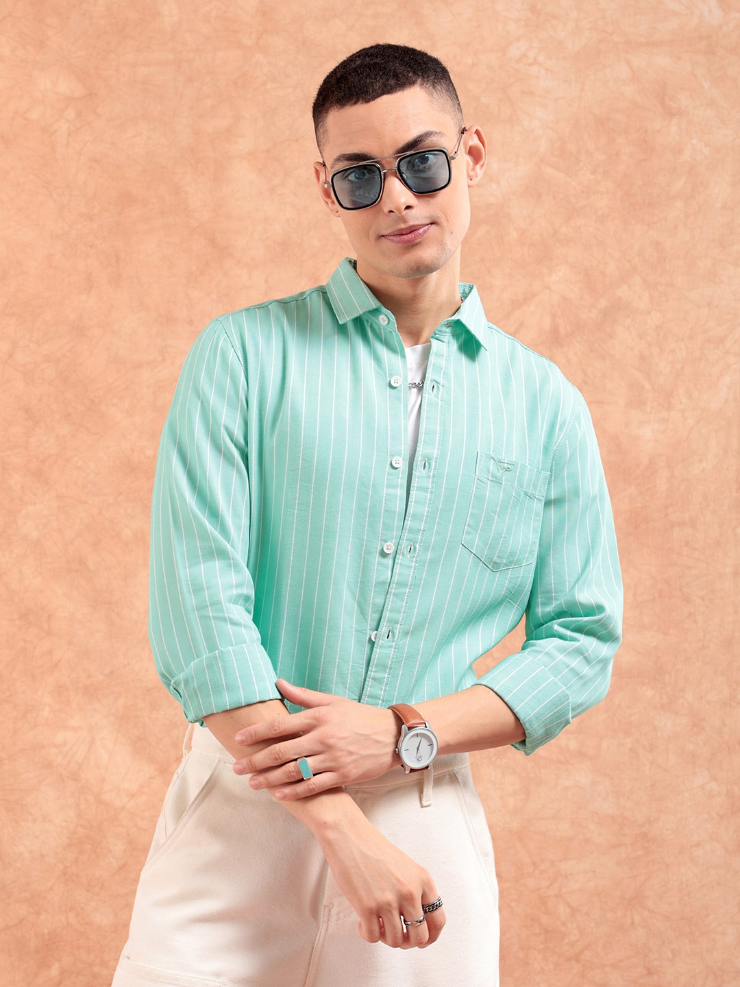 

The Indian Garage Co Smart Slim Fit Striped Cotton Casual Shirt, Sea green