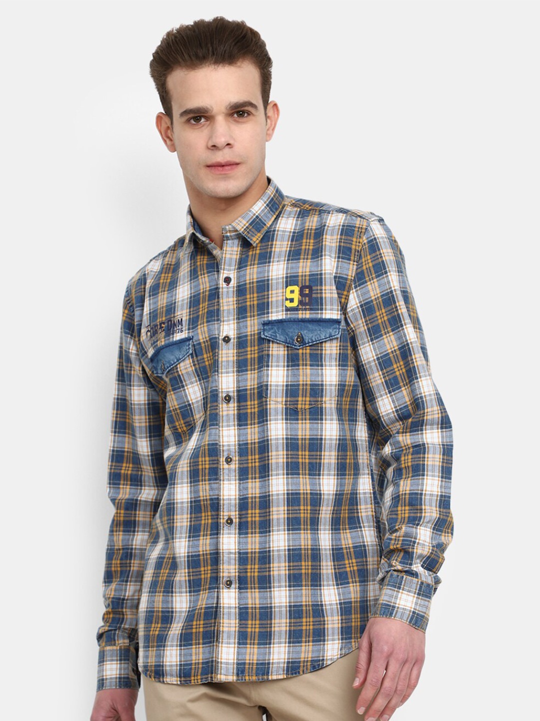 

V-Mart Spread Collar Tartan Checked with Typography Printed Cotton Casual Shirt, Yellow