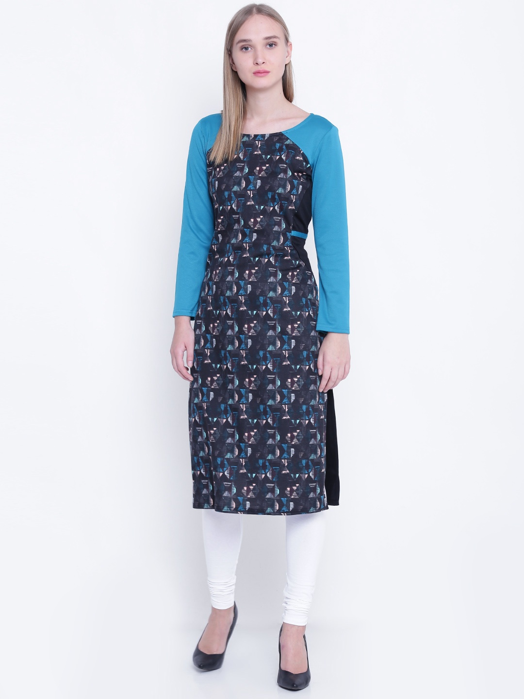 

AURELIA Women Black & Blue Printed Straight Kurta