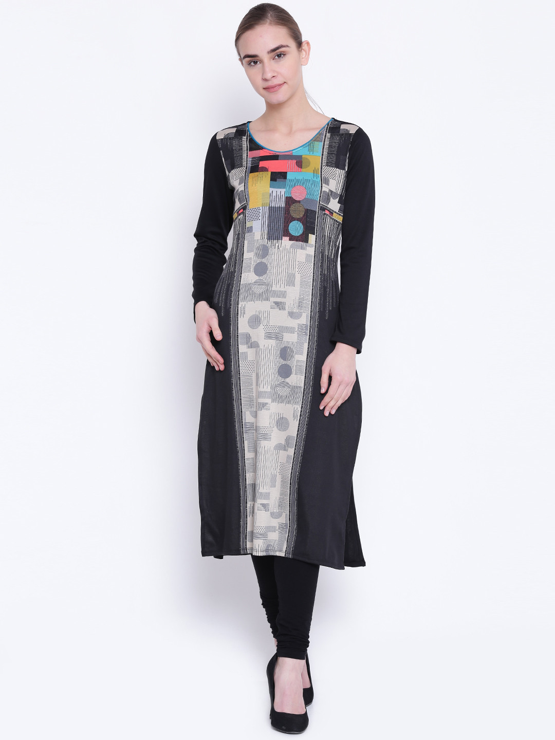 

AURELIA Women Black & Beige Printed Straight Kurta