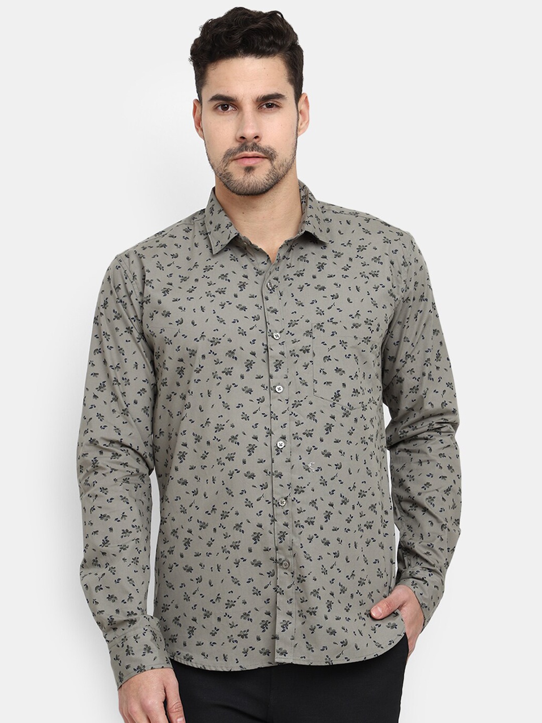 

V-Mart Floral Printed Cotton Casual Shirt, Grey