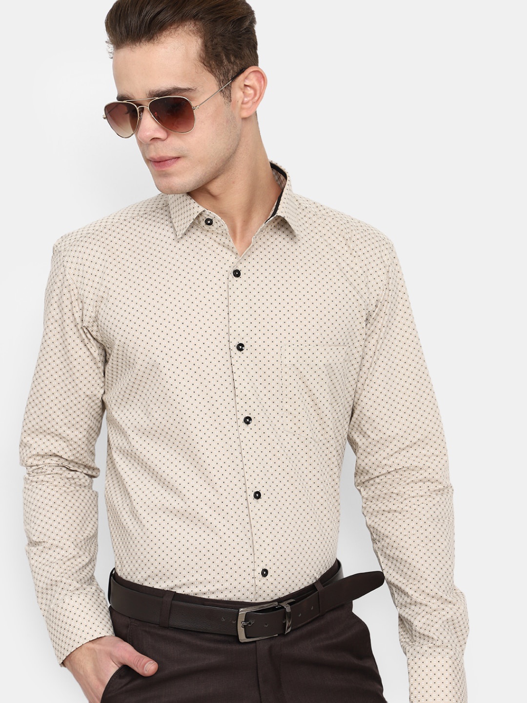 

J White by Vmart Spread Collar Printed Formal Cotton Shirt, Beige