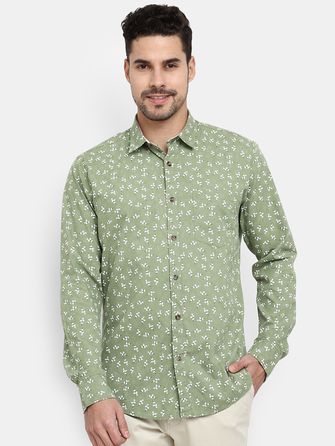 

V-Mart Poplin Spread Collar Floral Printed Casual Cotton Shirt, Olive