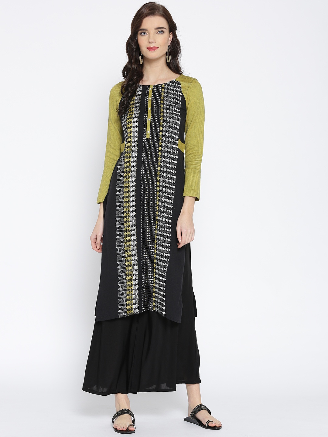 

AURELIA Women Black & Green Woven Design Straight Kurta