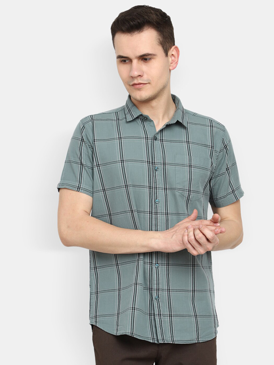 

V-Mart Men Grey Windowpane Checks Checked Casual Shirt