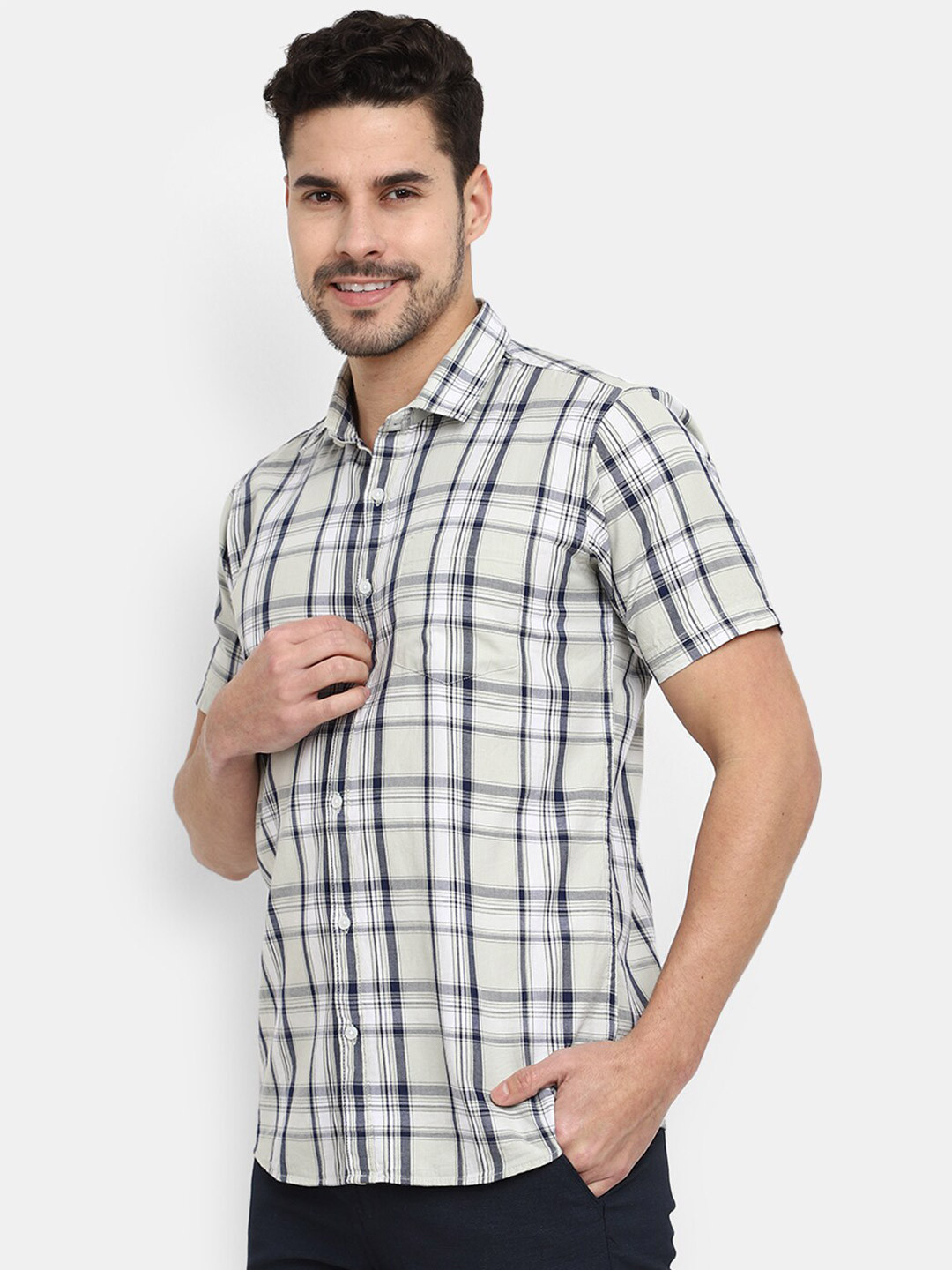 

V-Mart Twill Spread Collar Checked Casual Cotton Shirt, Beige