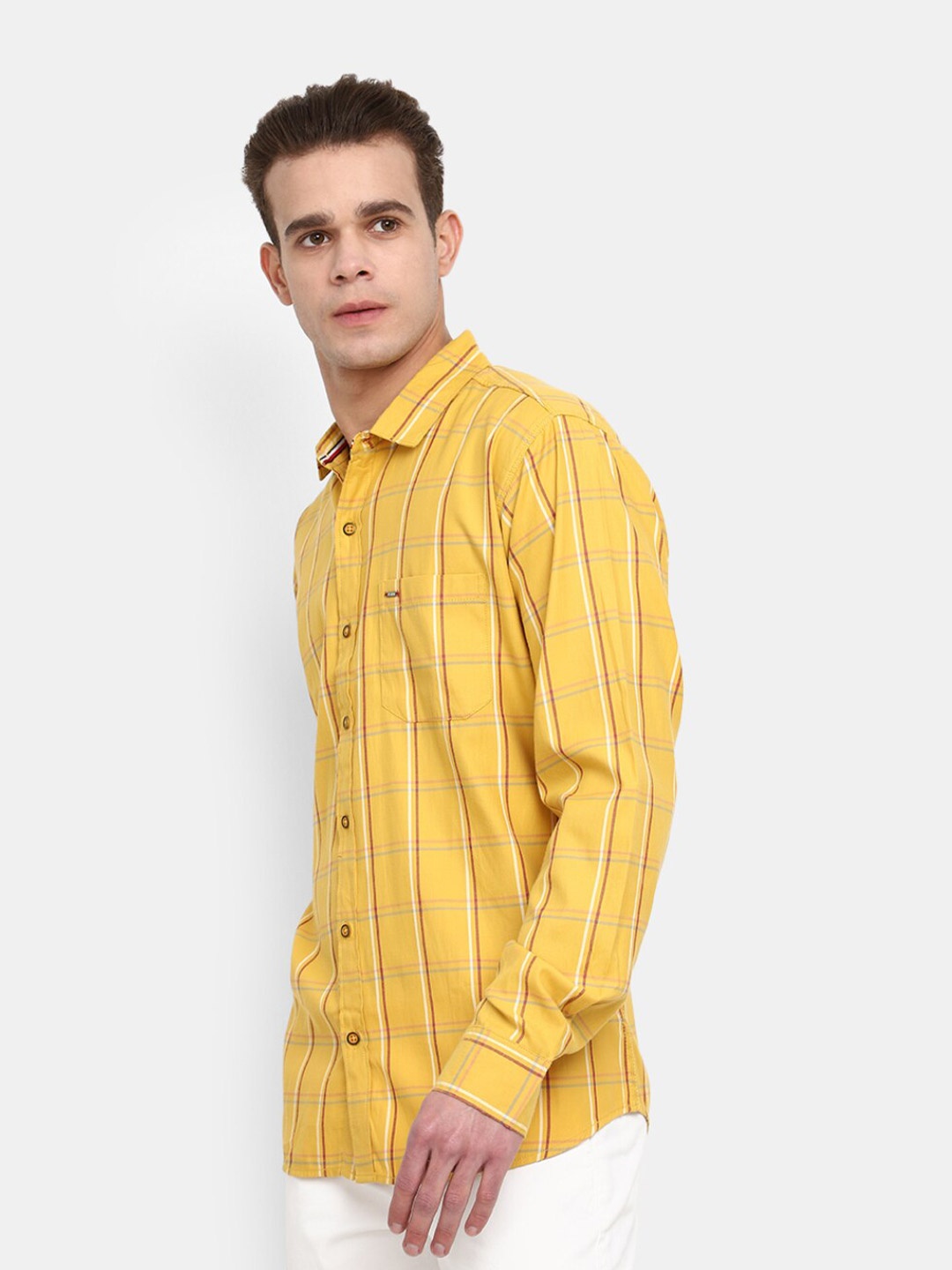 

V-Mart Spread Collar Windowpane Checked Casual Cotton Shirt, Yellow