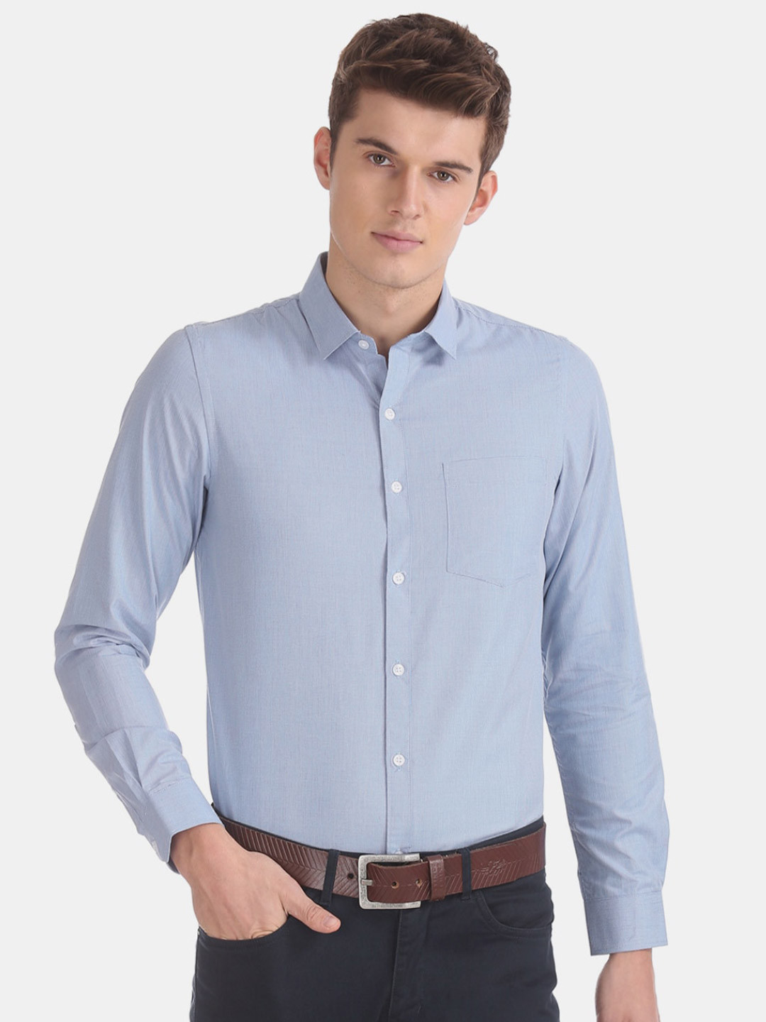 

V-Mart Patterned Weave Cotton Spread Collar Formal Cotton Shirt, Blue