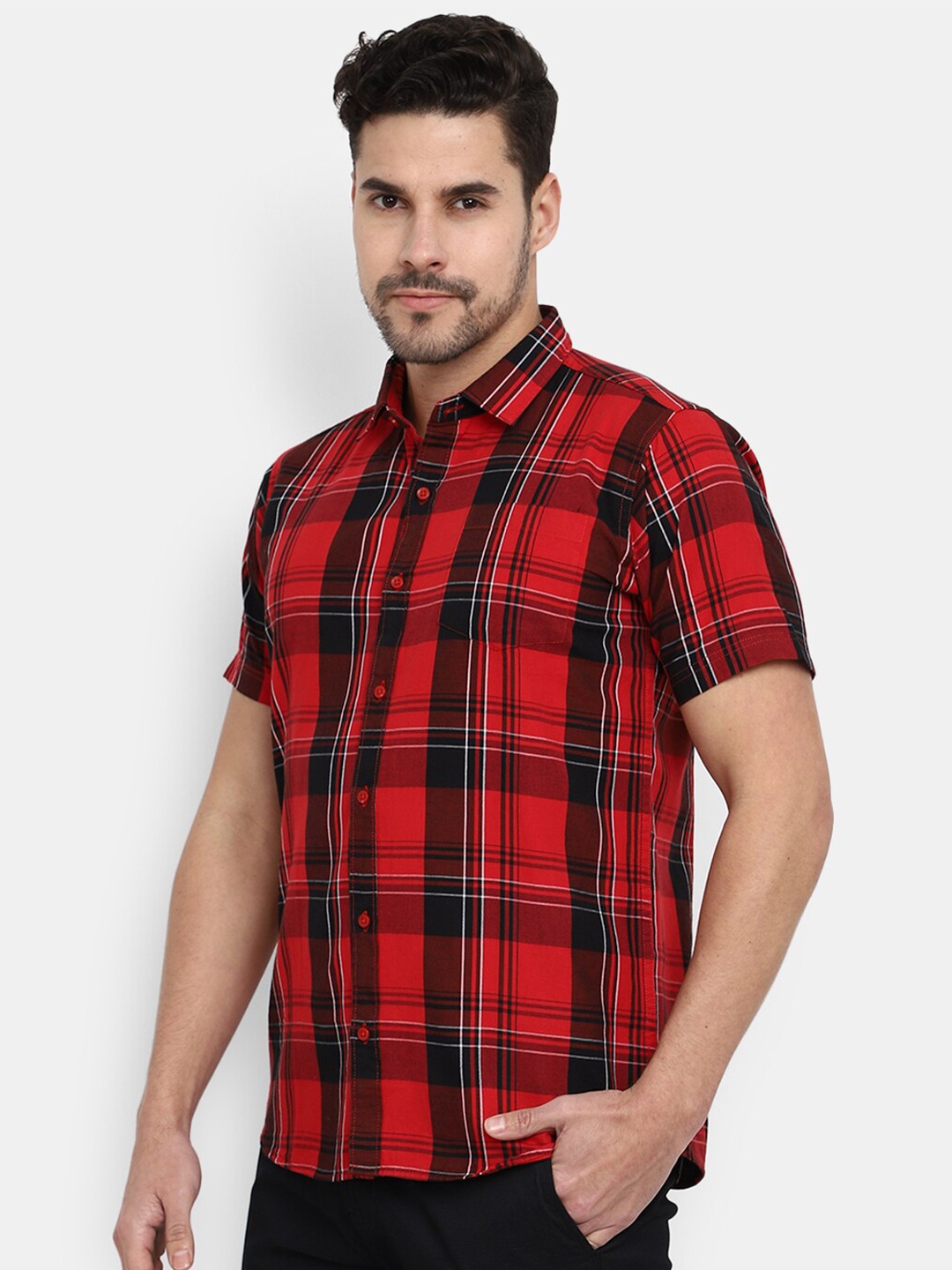 

V-Mart Spread Collar Tartan Checked Casual Cotton Shirt, Red