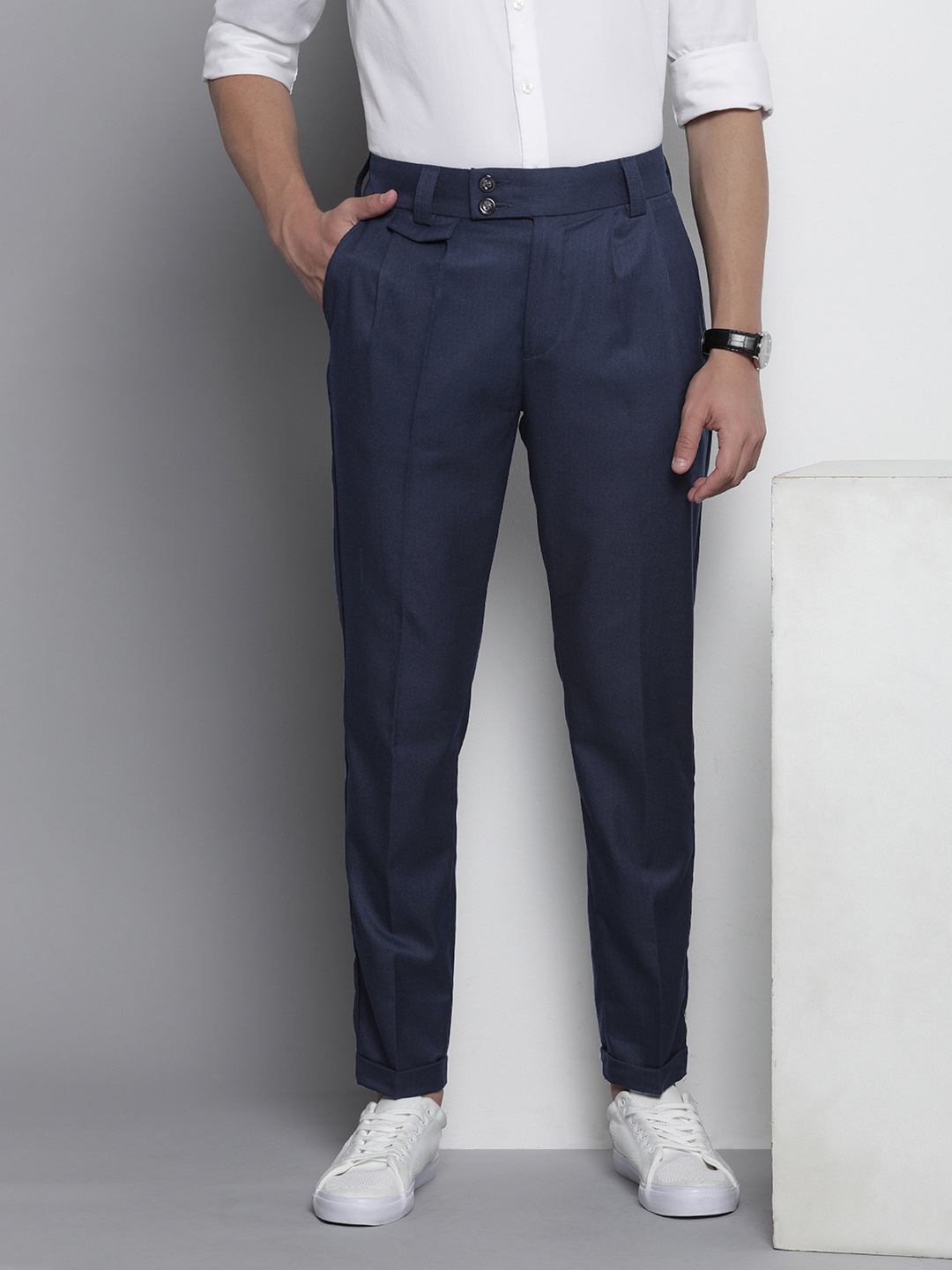 

The Indian Garage Co Striped Slim Fit Trousers, Navy blue