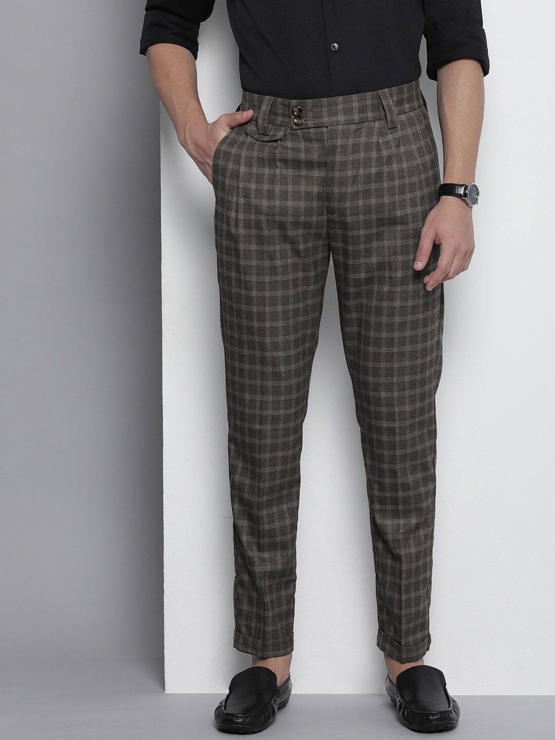

The Indian Garage Co Checked Slim Fit Pleated Trousers, Grey