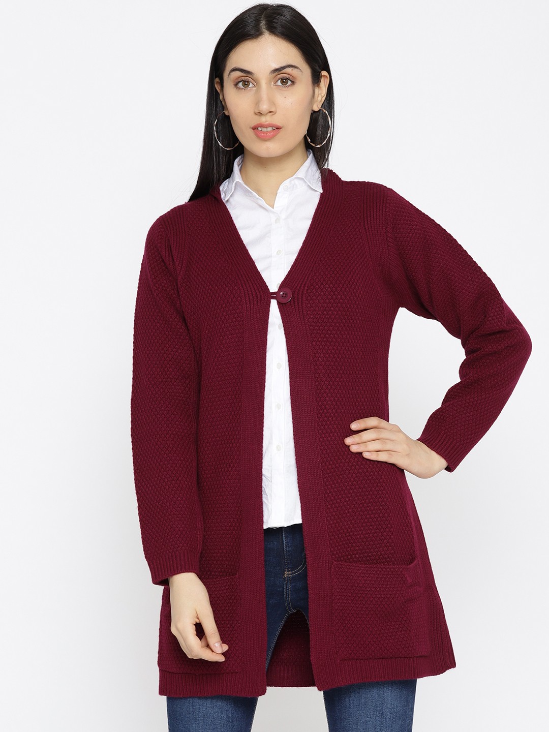 

AURELIA Women Maroon Self Design Longline Cardigan