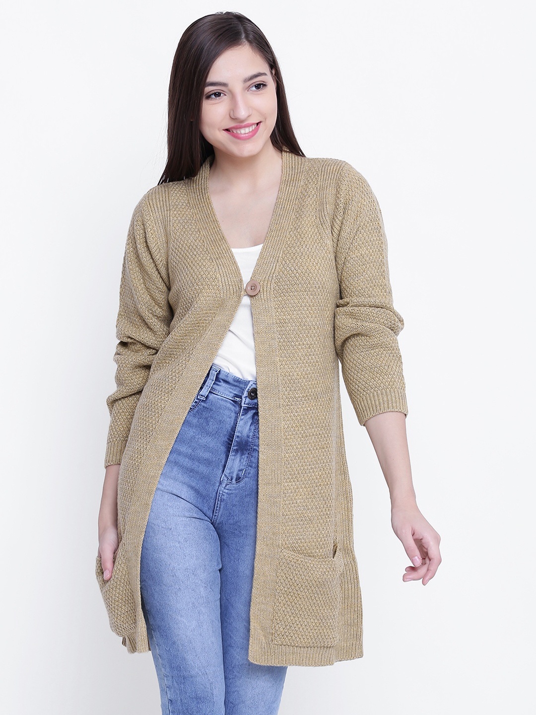 

AURELIA Women Beige Self-Design Longline Cardigan