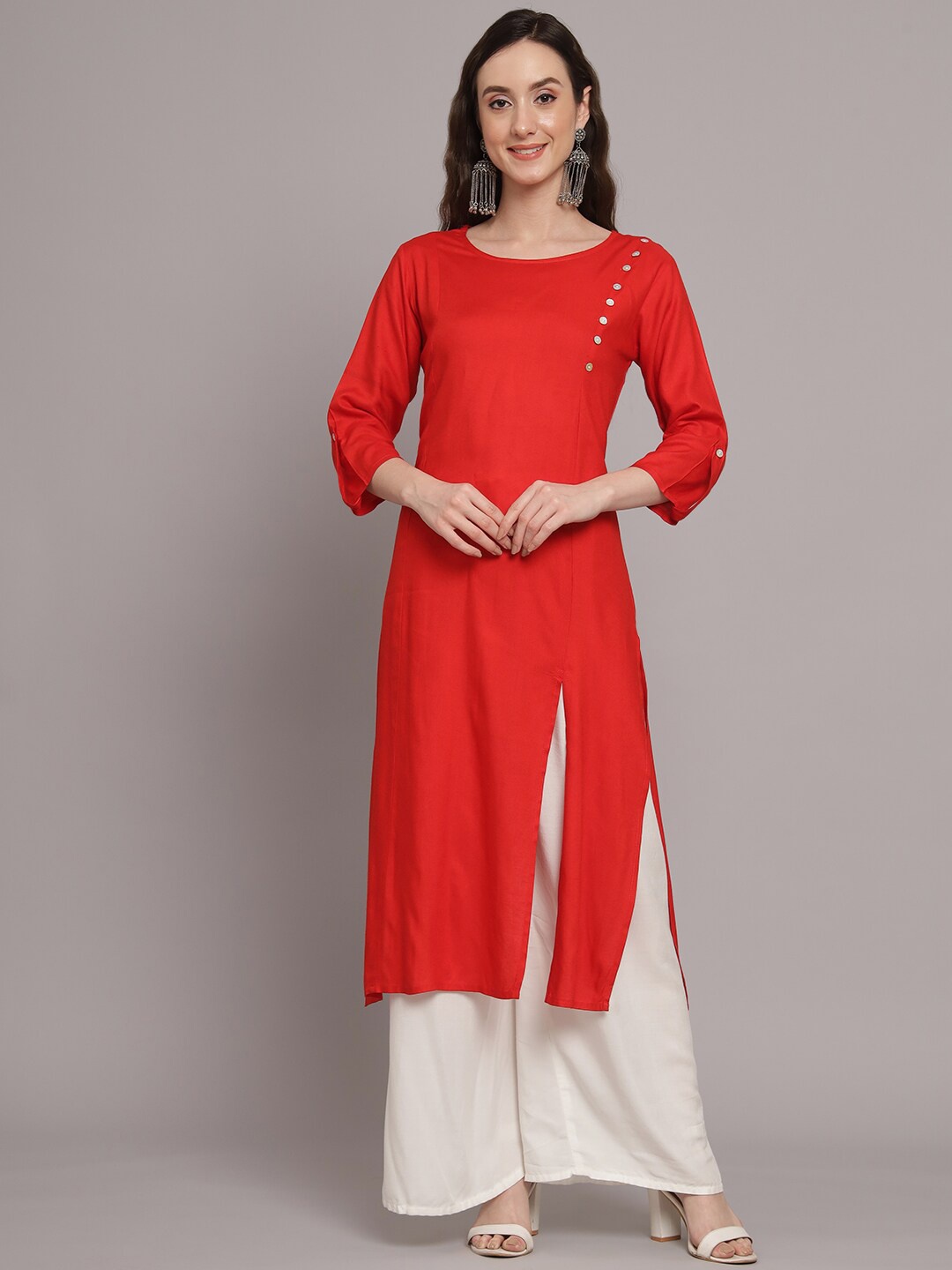 

Myshka Round Neck Roll Up Sleeves Pure Cotton Kurta, Red