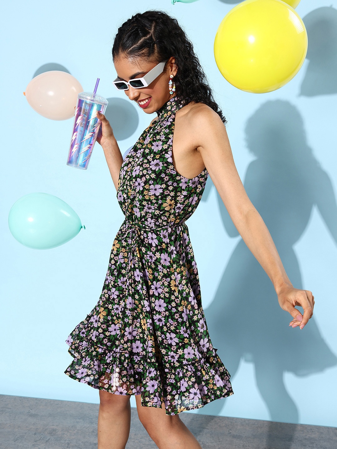 

QUIERO Floral Print Halter Neck Georgette Fit & Flare Mini Dress, Black