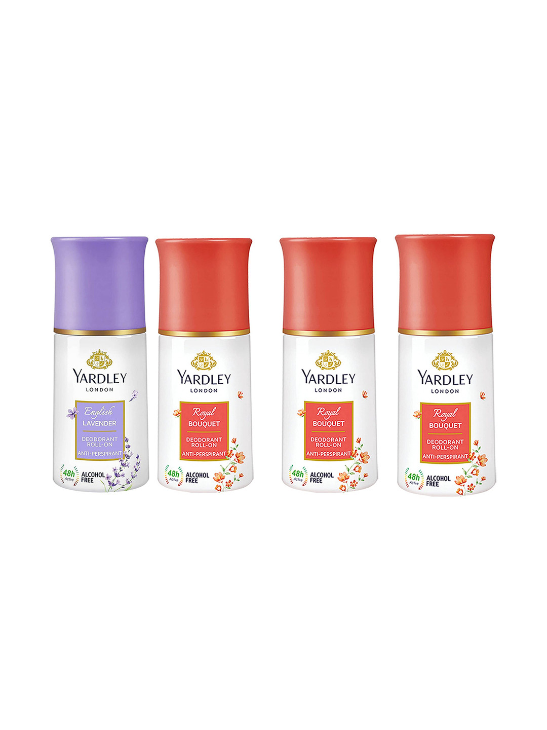 

YARDLEY LONDON Set Of 4 Anti-Perspirant Deodorant Roll-Ons - Royal Bouquet - English Lavender - 50 ml Each, White