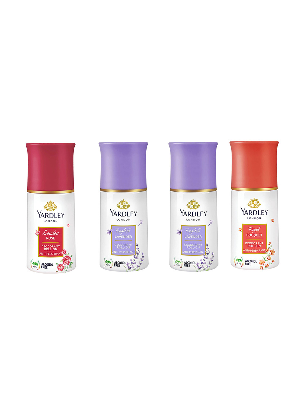 

YARDLEY LONDON Set Of 4 Anti-Perspirant Deodorant Roll-Ons Royal Bouquet - London Rose & English Lavender - 50 ml Each, White