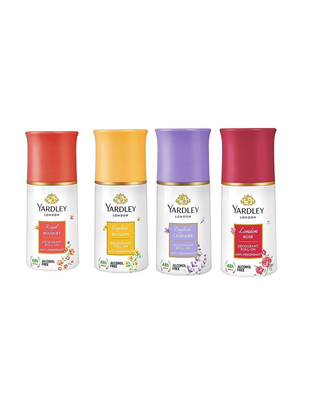 

YARDLEY LONDON Set Of 4 Anti-Perspirant & Alcohol-Free Deodorant Roll-Ons - London Rose - English Lavender - English Blossom - Royal Bouquet - 50 ml Each