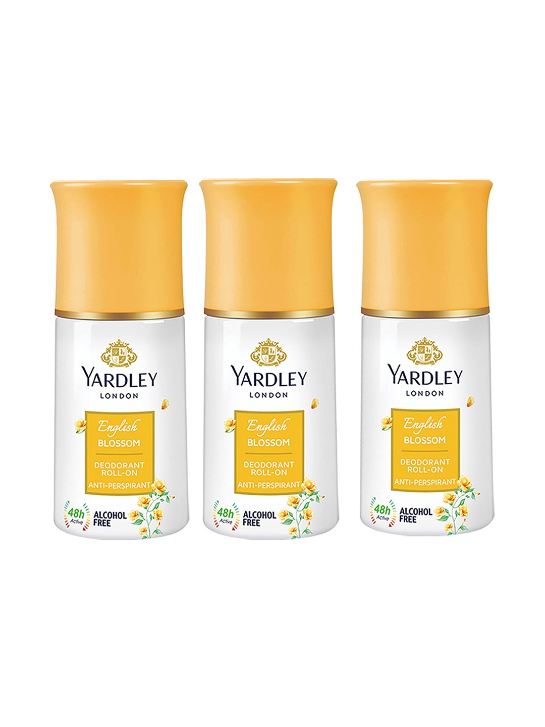 

YARDLEY LONDON Set Of 3 Anti-Perspirant & Alcohol-Free English Blossom Deodorant Roll-Ons - 50 ml Each, Yellow