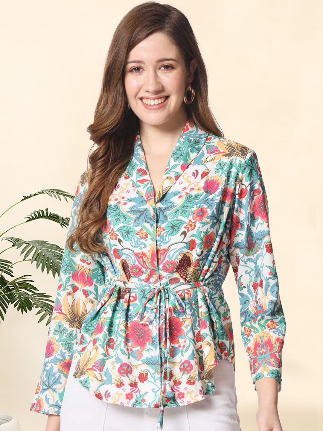 

angloindu Floral Print Cinched Waist Top, White