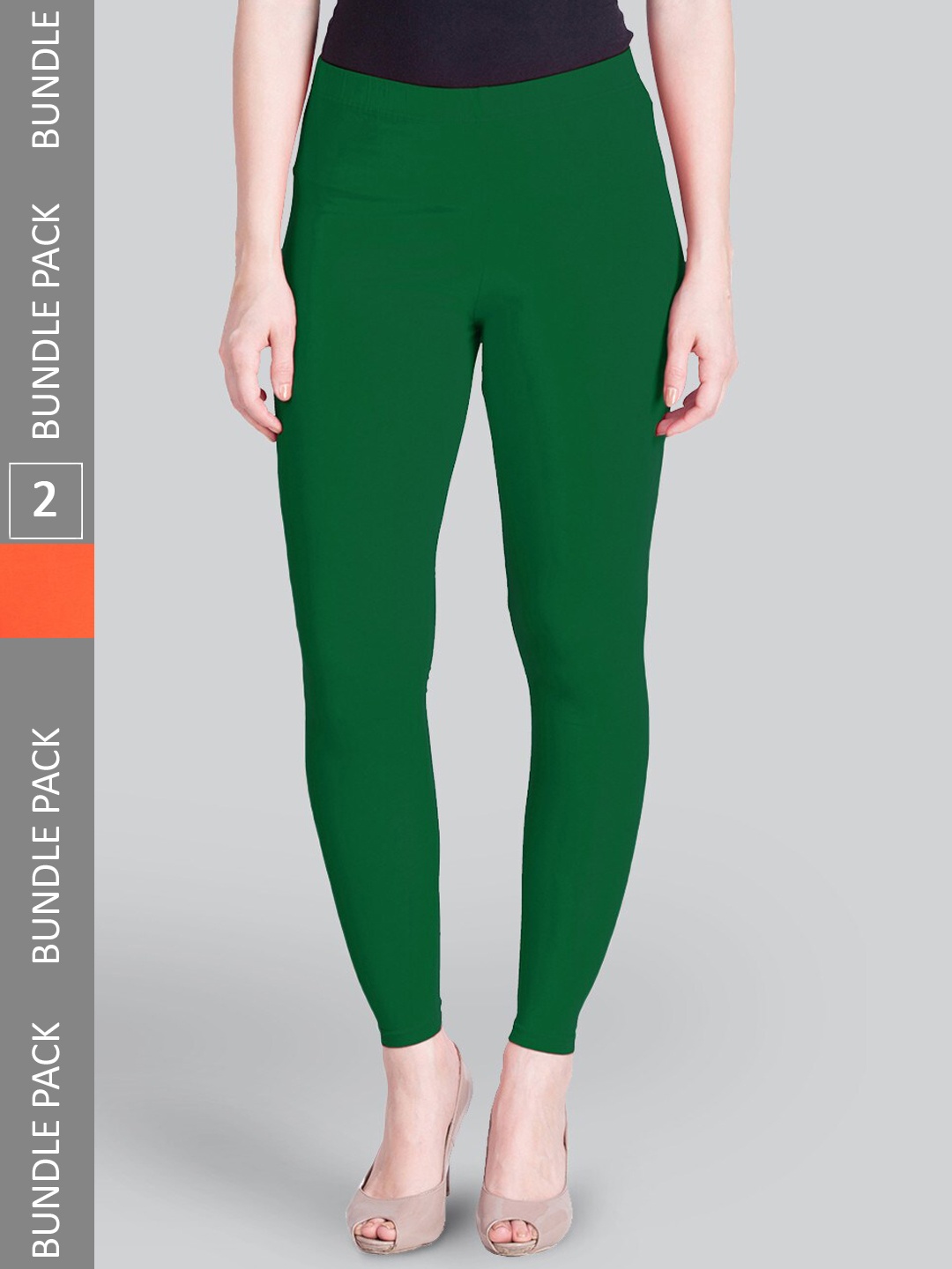 

LYRA Pack Of 2 Cotton Elasticated Waistband Mid-Rise Ankle-Length Leggings, Green