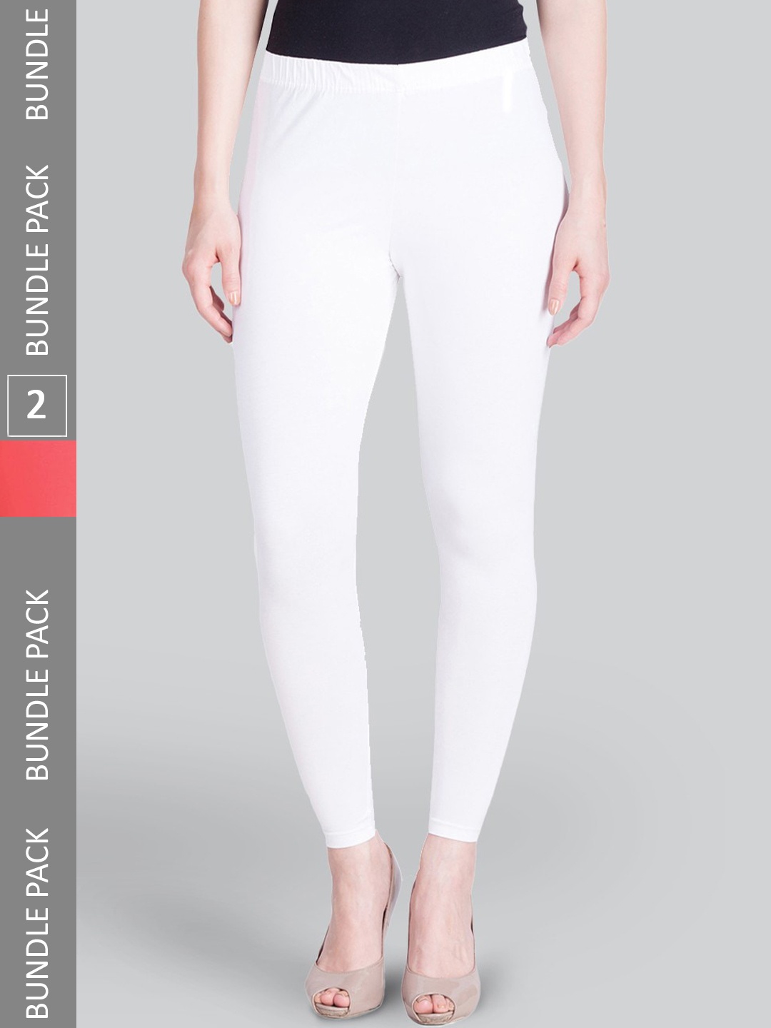 

LYRA Pack Of 2 Cotton Elasticated Waistband Mid-Rise Ankle-Length Leggings, White