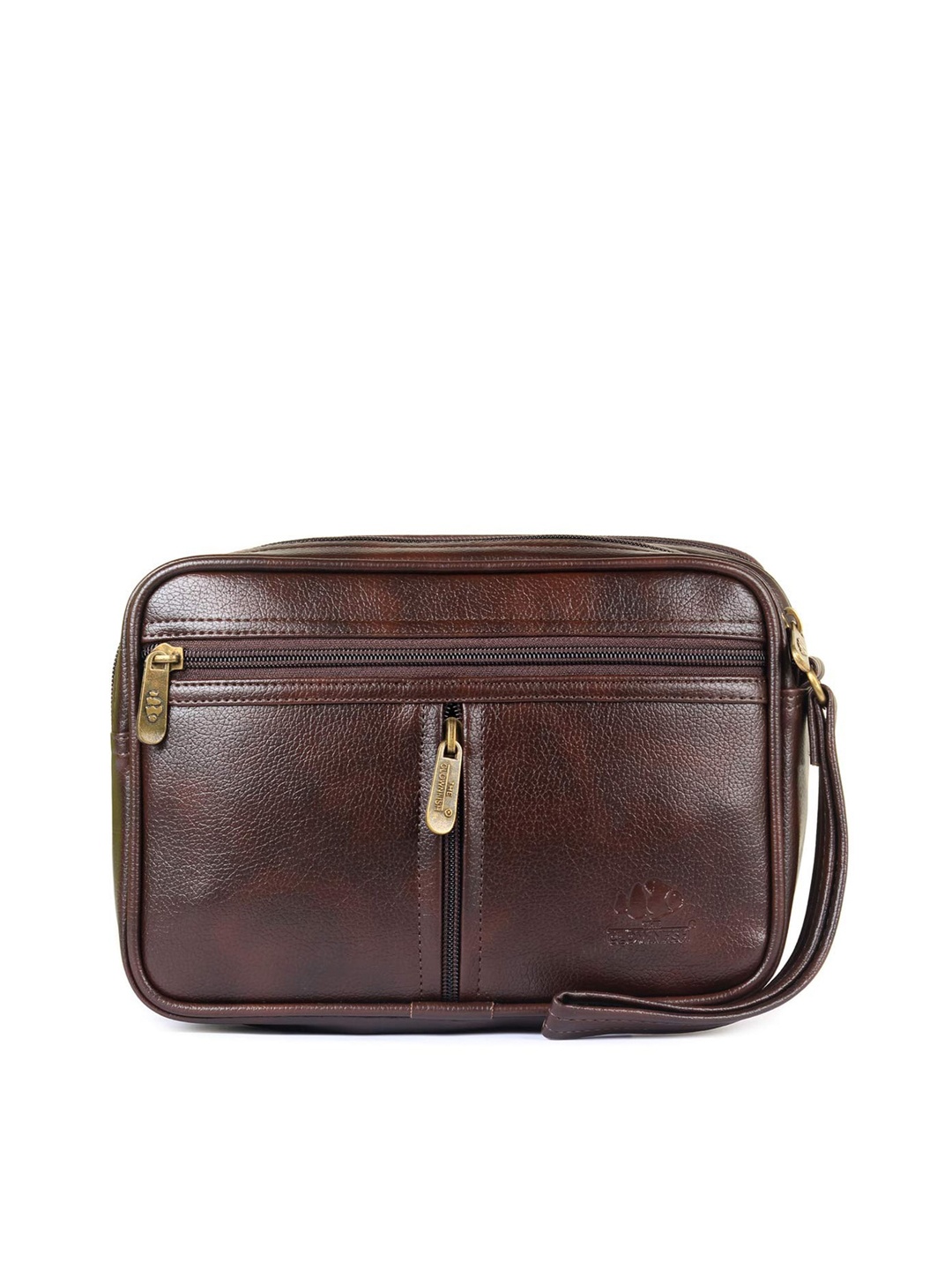 

THE CLOWNFISH Men Textured Pouch Wrist Handbag, Coffee brown