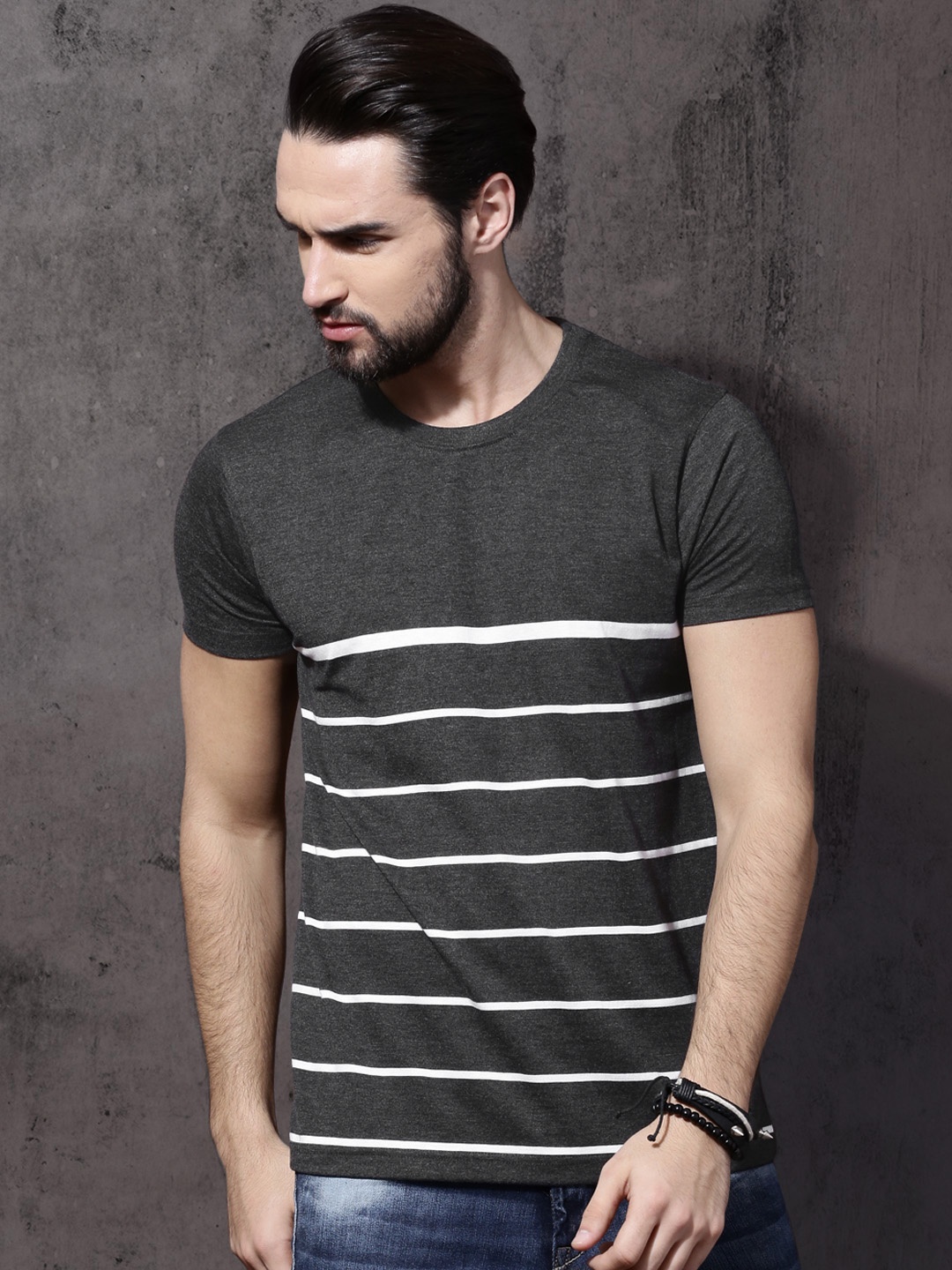 

Roadster Men Charcoal Grey & White Striped Round Neck T-shirt