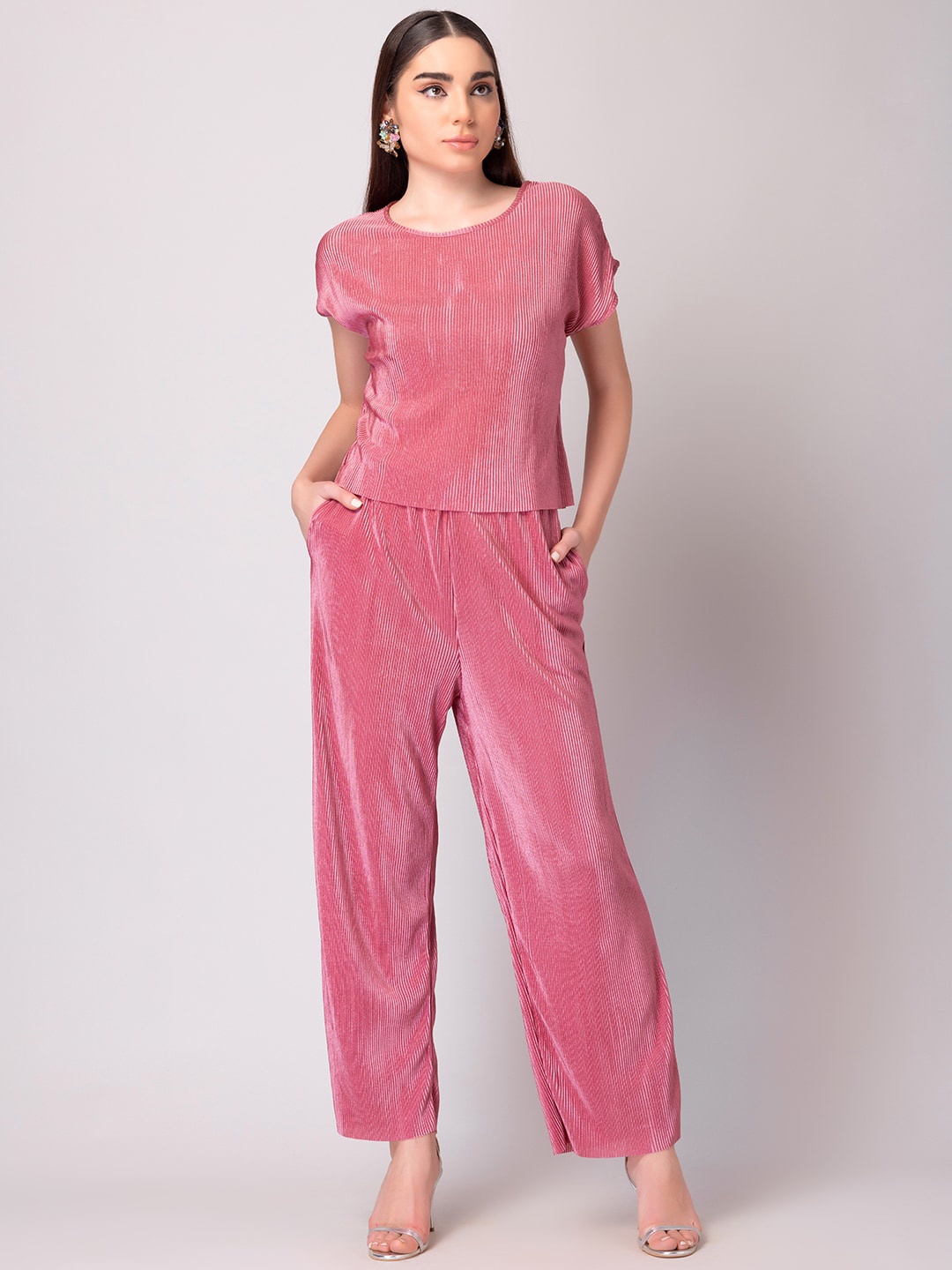 FabAlley Extended Sleeves Pleated Top And Trousers, Pink