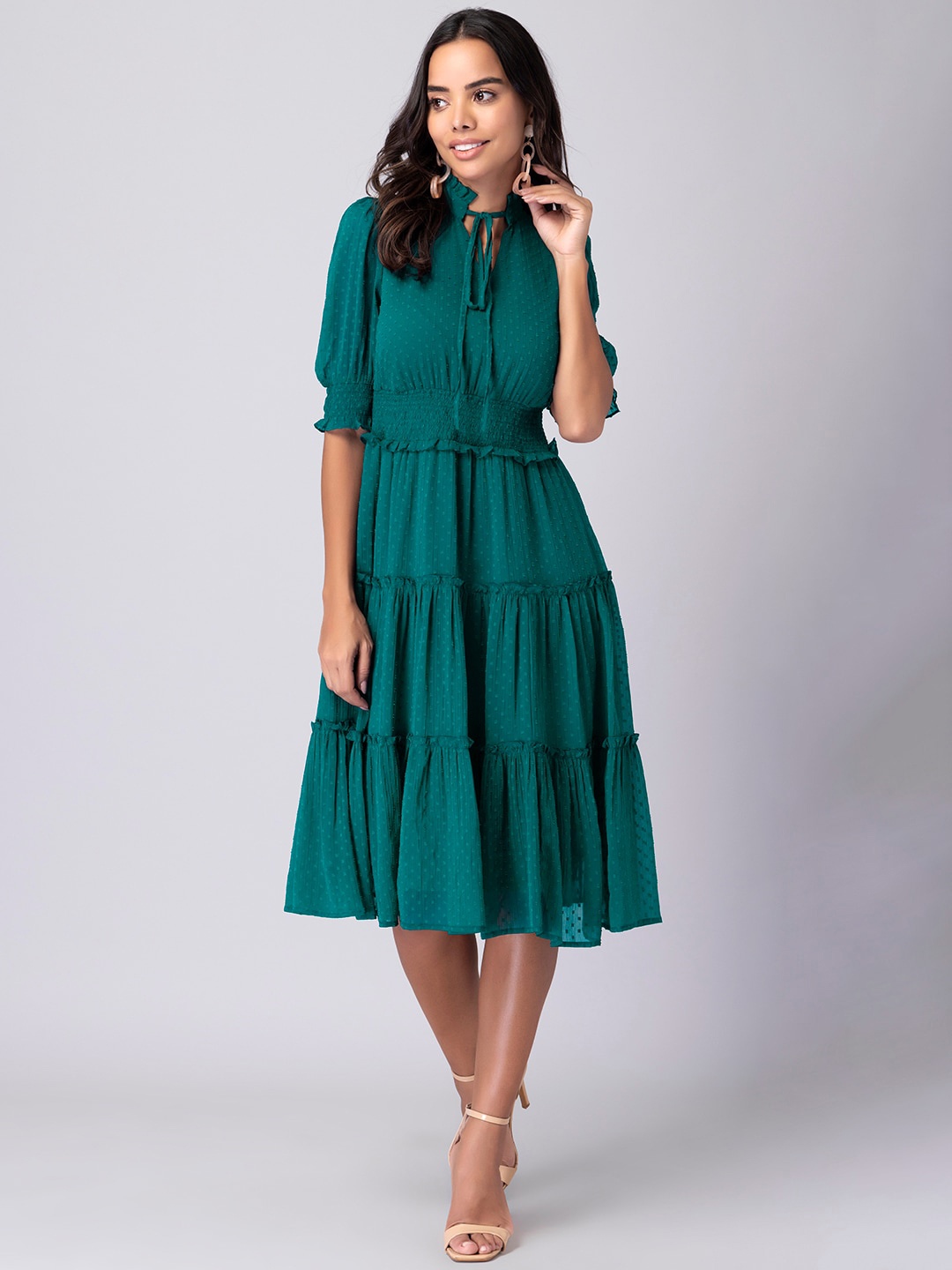 

FabAlley Blue Tie-Up Neck Georgette Midi Dress