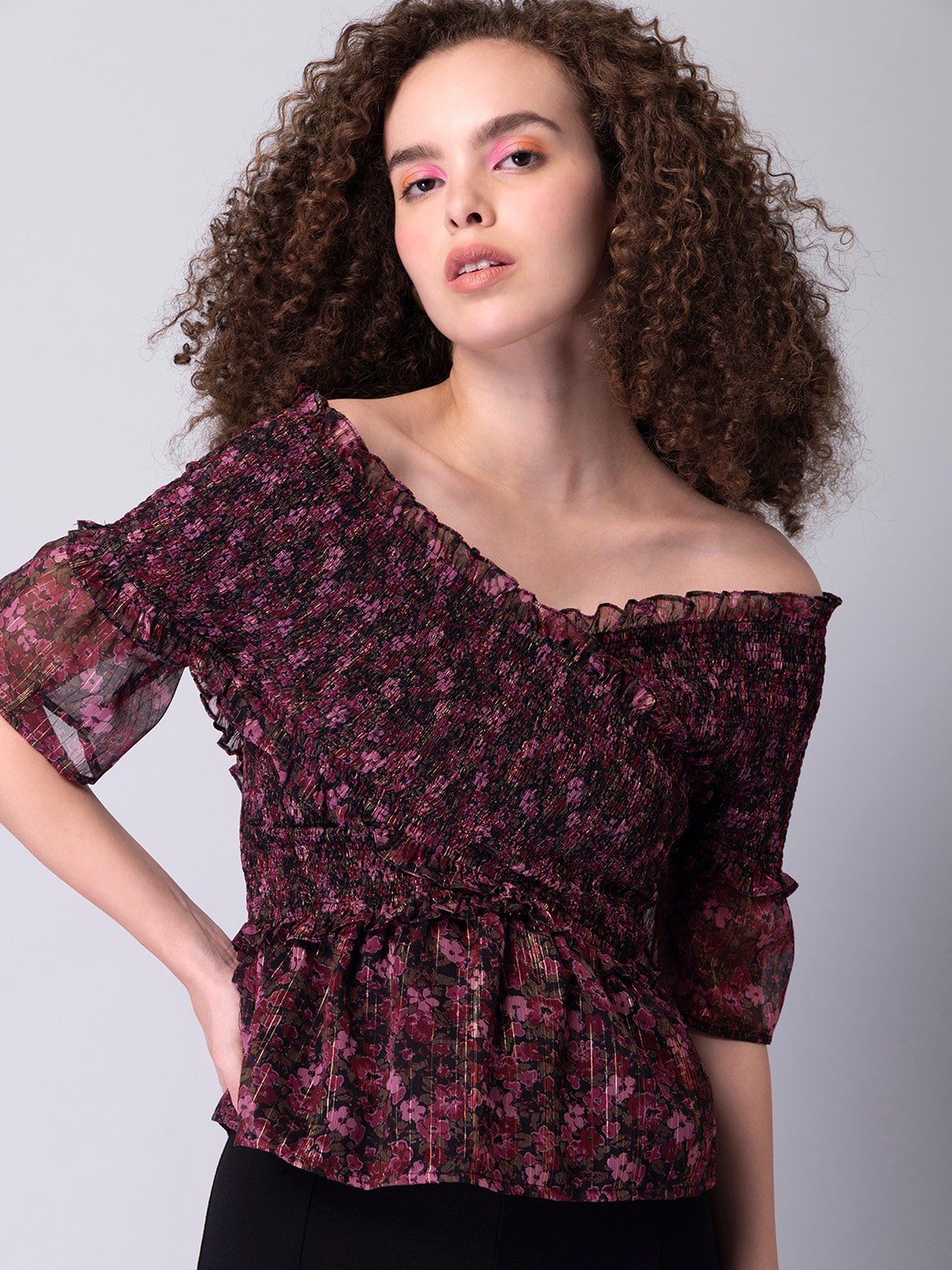 

FabAlley Black Floral Print One Shoulder Georgette Cinched Waist Top