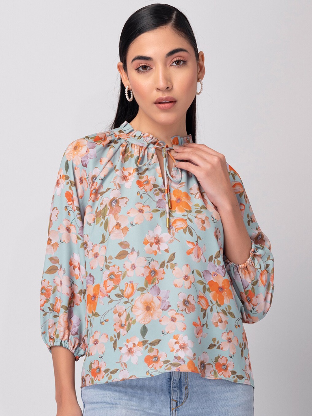 

FabAlley Blue Floral Print Tie-Up Neck Crepe Top