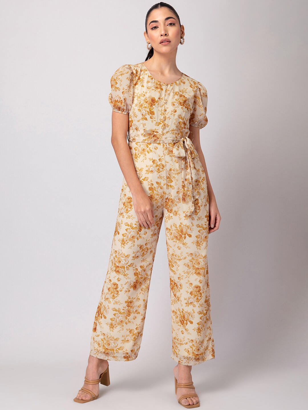 

FabAlley Yellow & Beige Printed Basic Jumpsuit