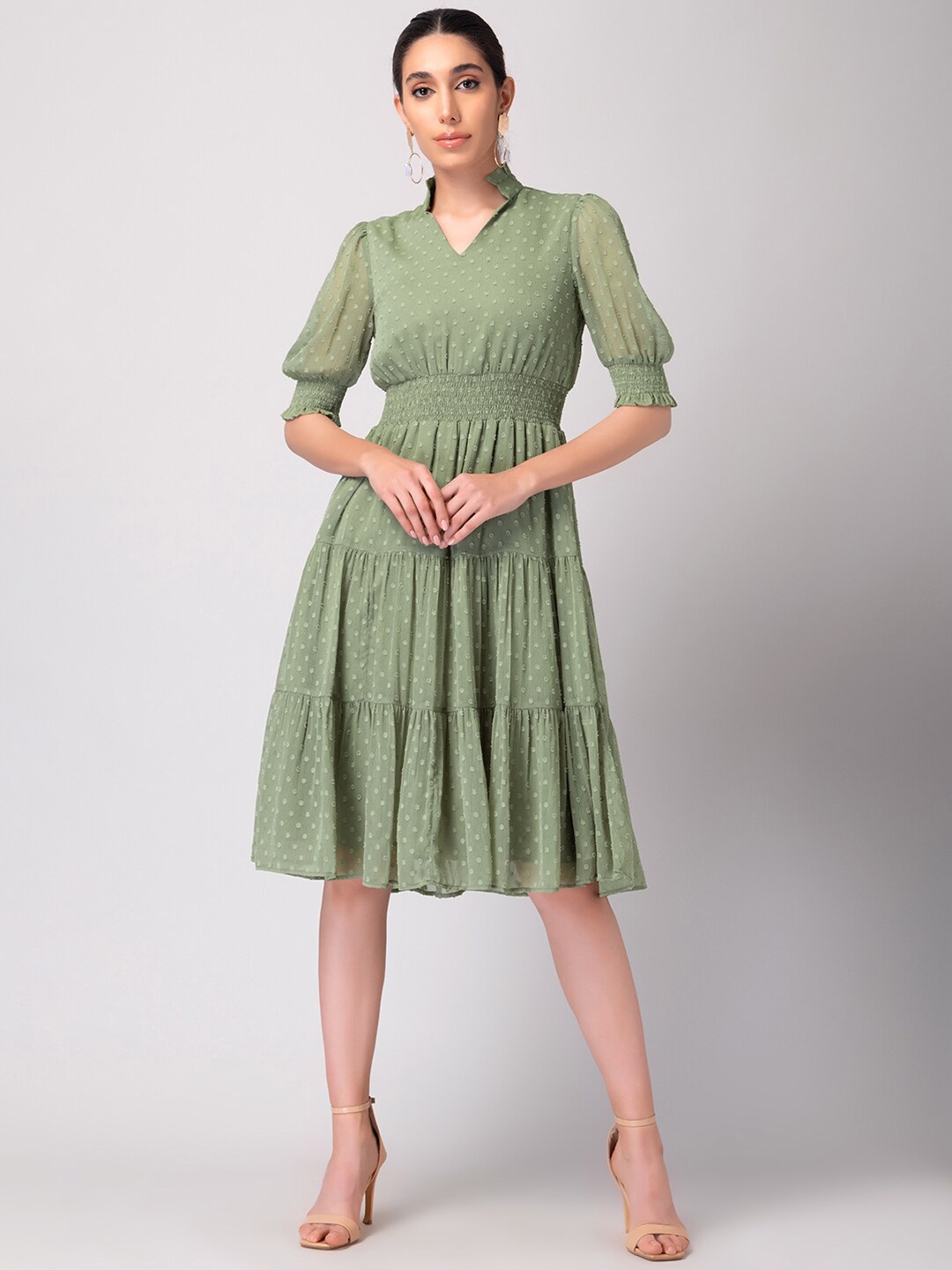 

FabAlley Green Striped Georgette Dress