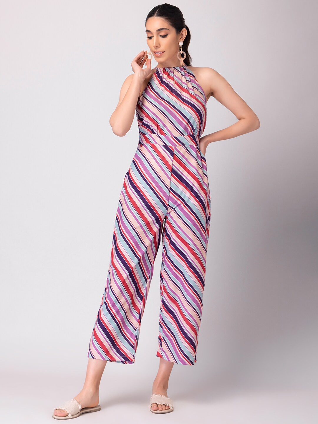 

FabAlley Purple & Red Halter Neck Striped Basic Jumpsuit