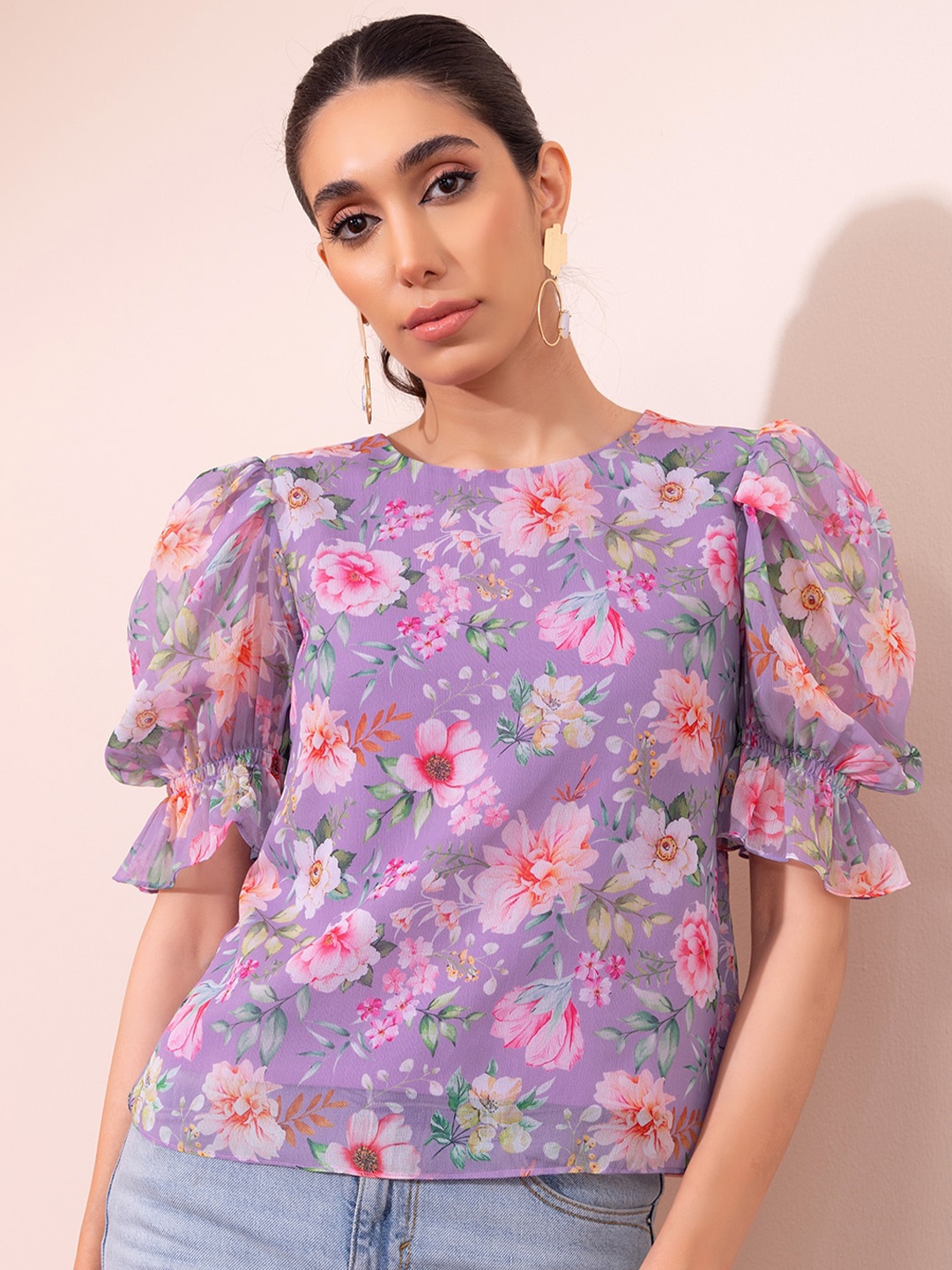 

FabAlley Purple Floral Print Georgette Top