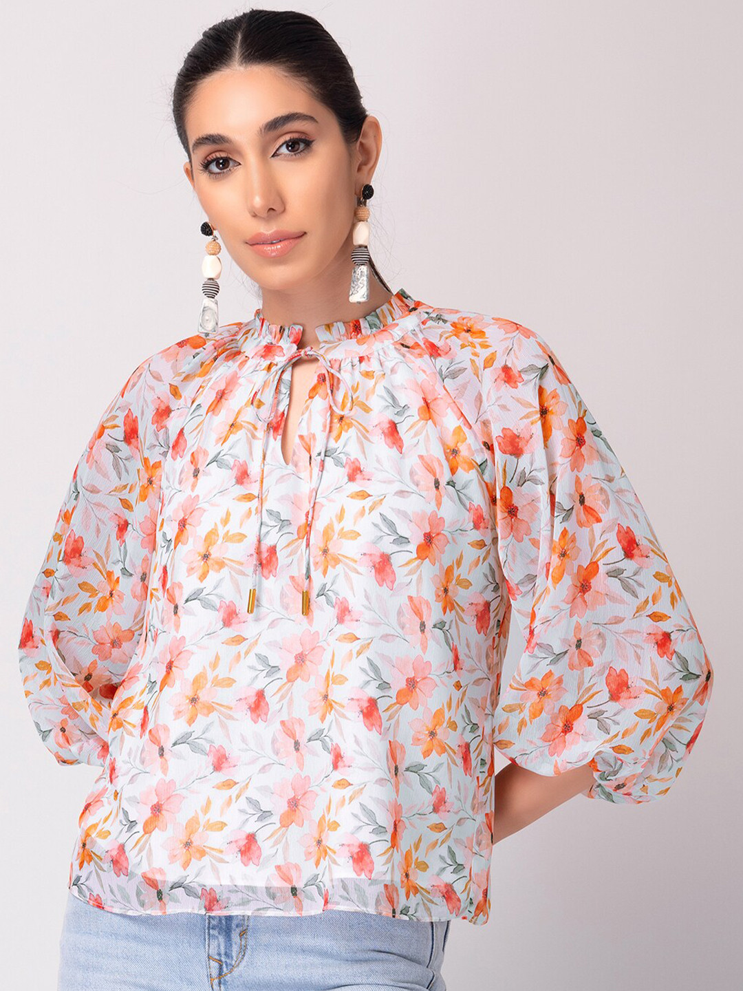 

FabAlley White Floral Print Tie-Up Neck Georgette Top