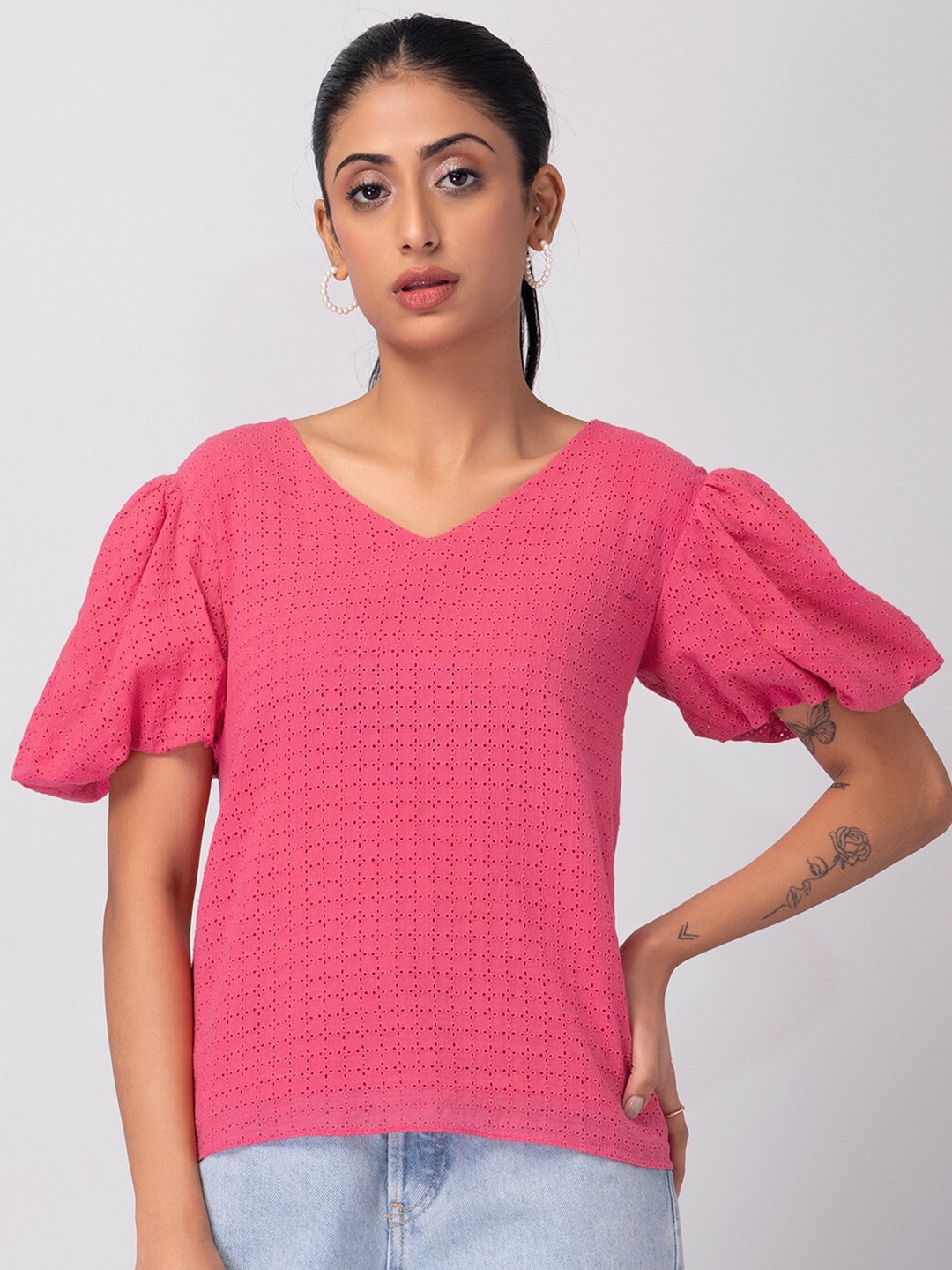 

FabAlley Self Design V-Neck Pure Cotton Top, Pink