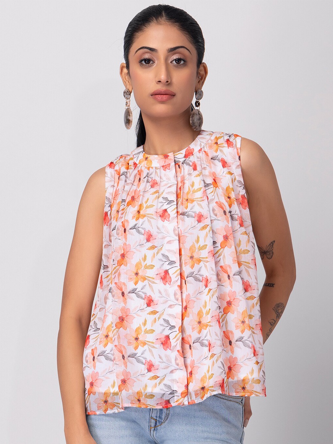 

FabAlley Floral Printed High Neck Gathered Shirt Style Georgette Top, White
