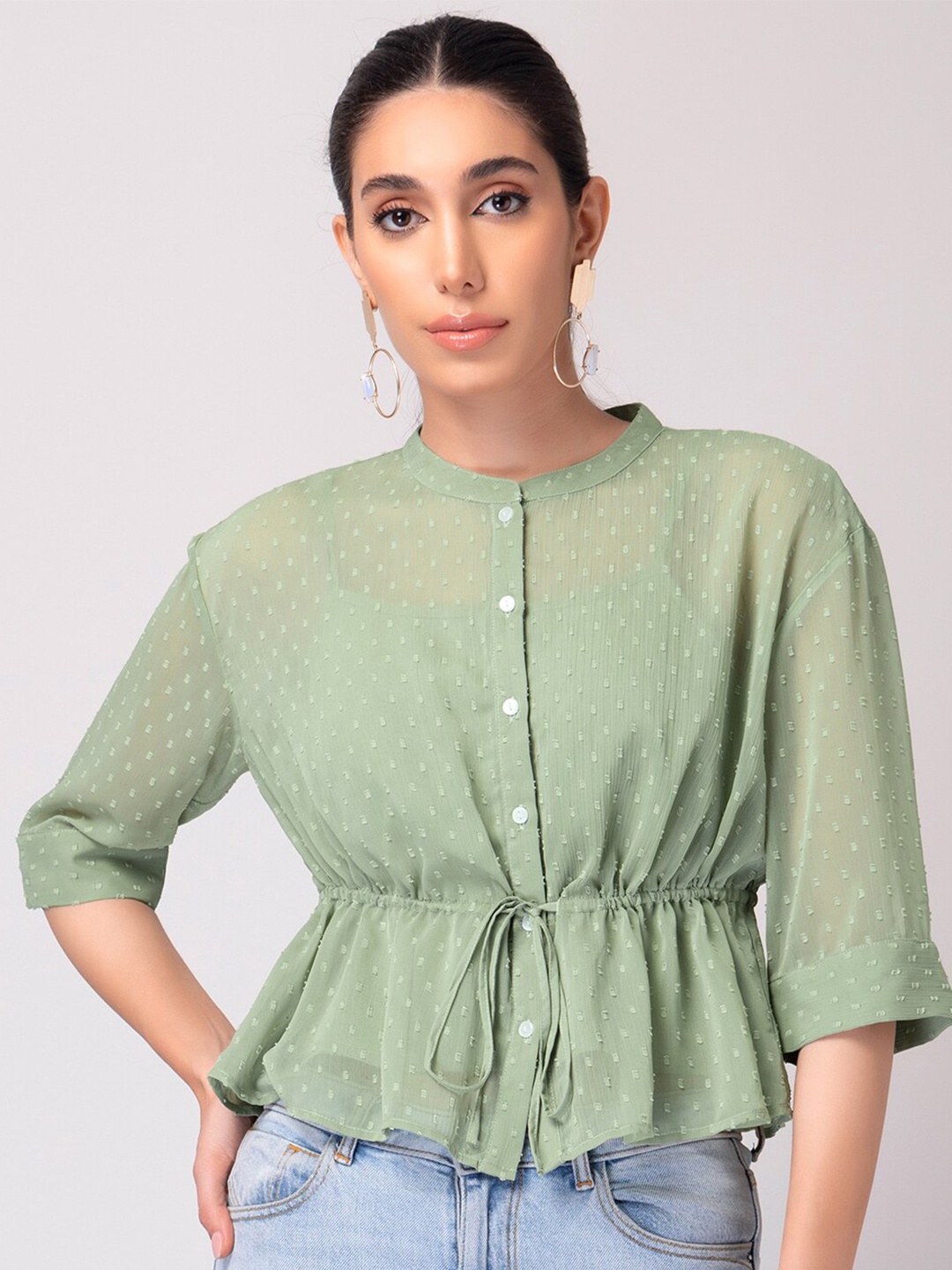 

FabAlley Mandarin Collar Georgette Cinched Waist Top, Green