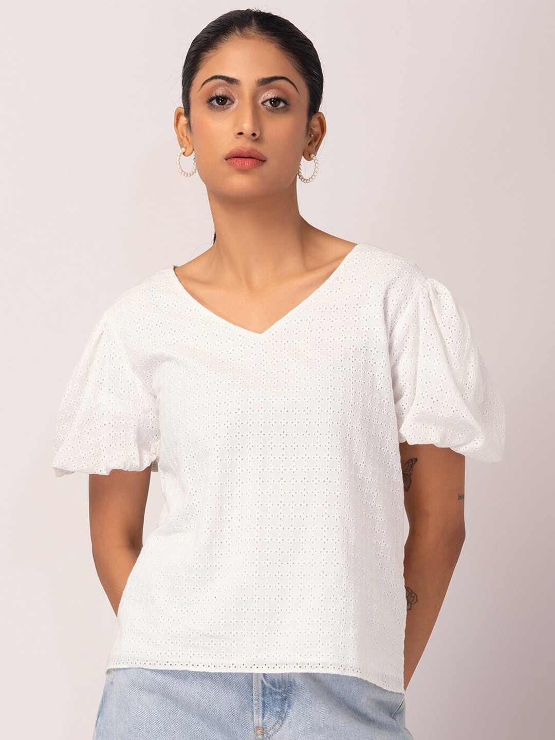 

FabAlley V-Neck Puff Sleeves Self Design Pure Cotton Schiffli Top, White