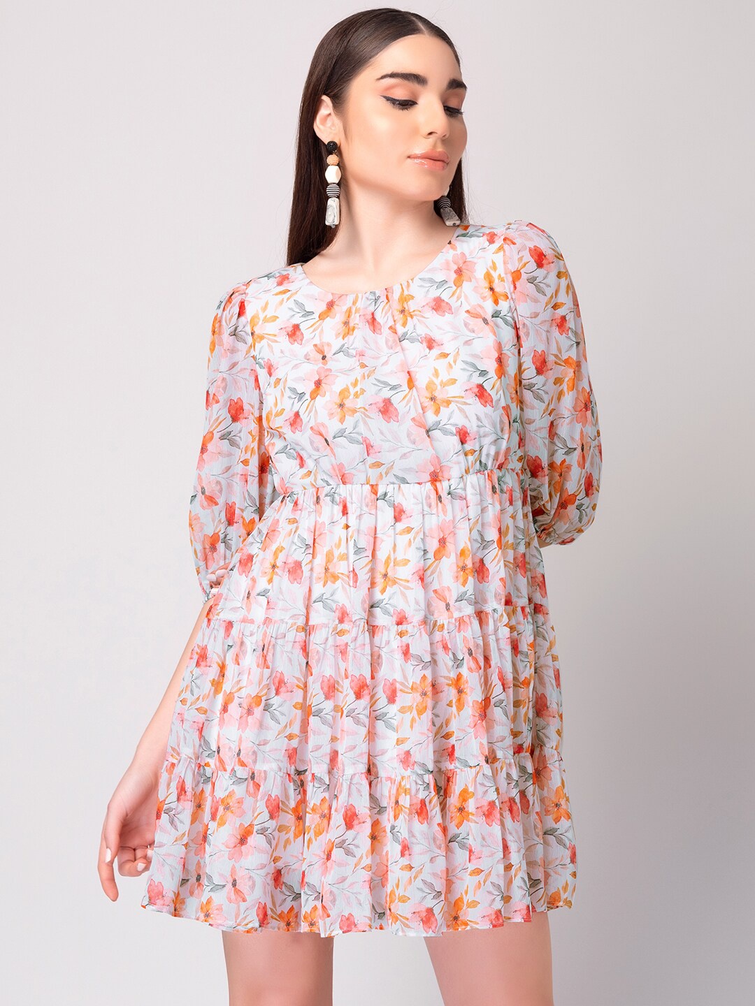 

FabAlley Floral Printed Georgette Dress, White