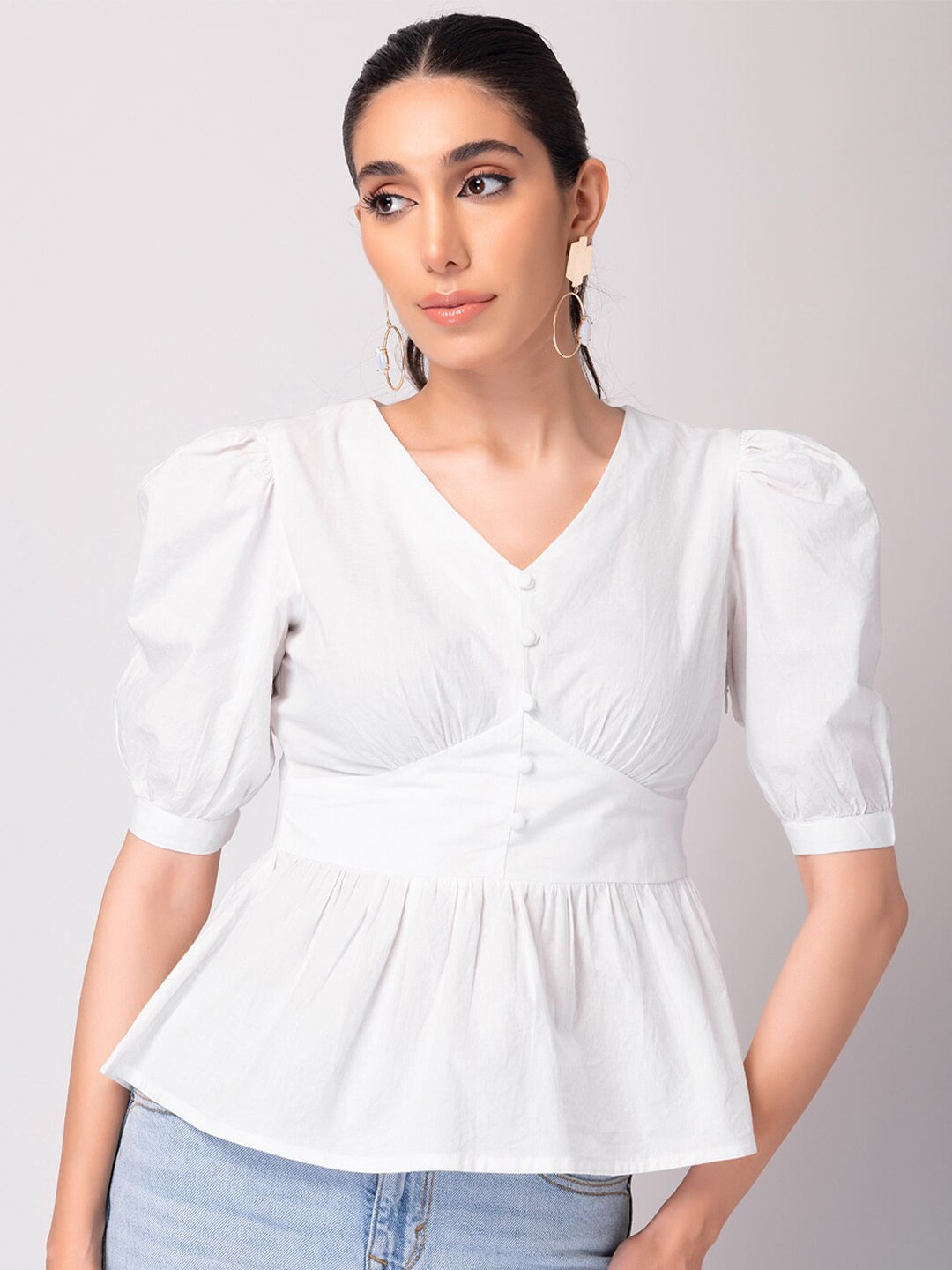 

FabAlley Puff Sleeve V-Neck Blouson Top, White
