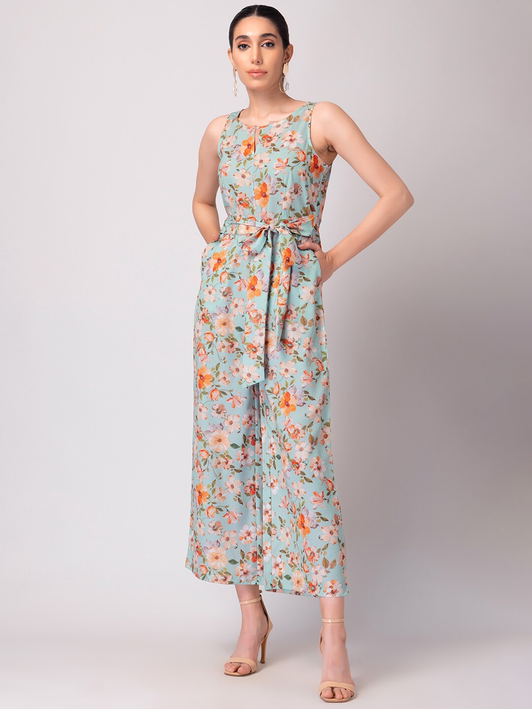 

FabAlley Floral Printed Front Tie Basic Jumpsuit, Blue