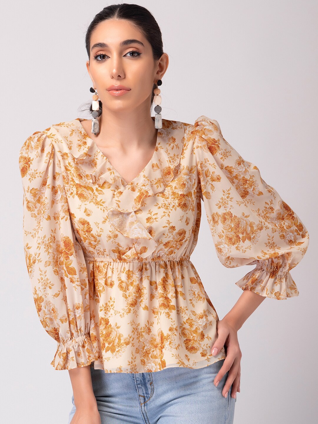 

FabAlley Floral Print Cinched Waist Top, Cream
