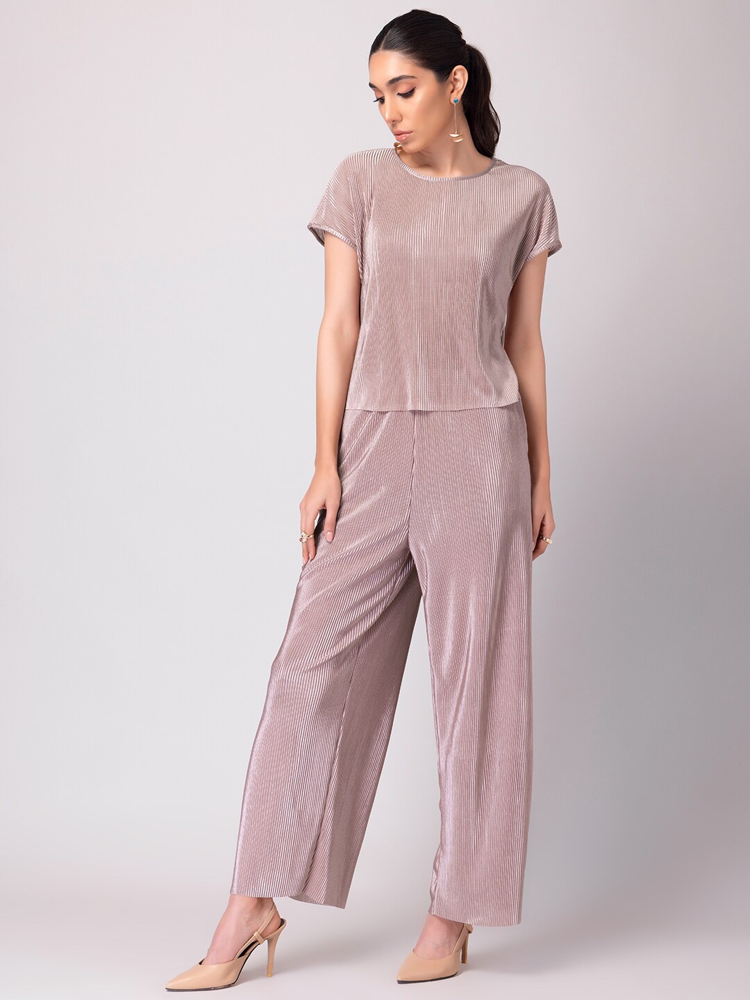 

FabAlley Extended Sleeves Pleated Top And Trousers, Beige