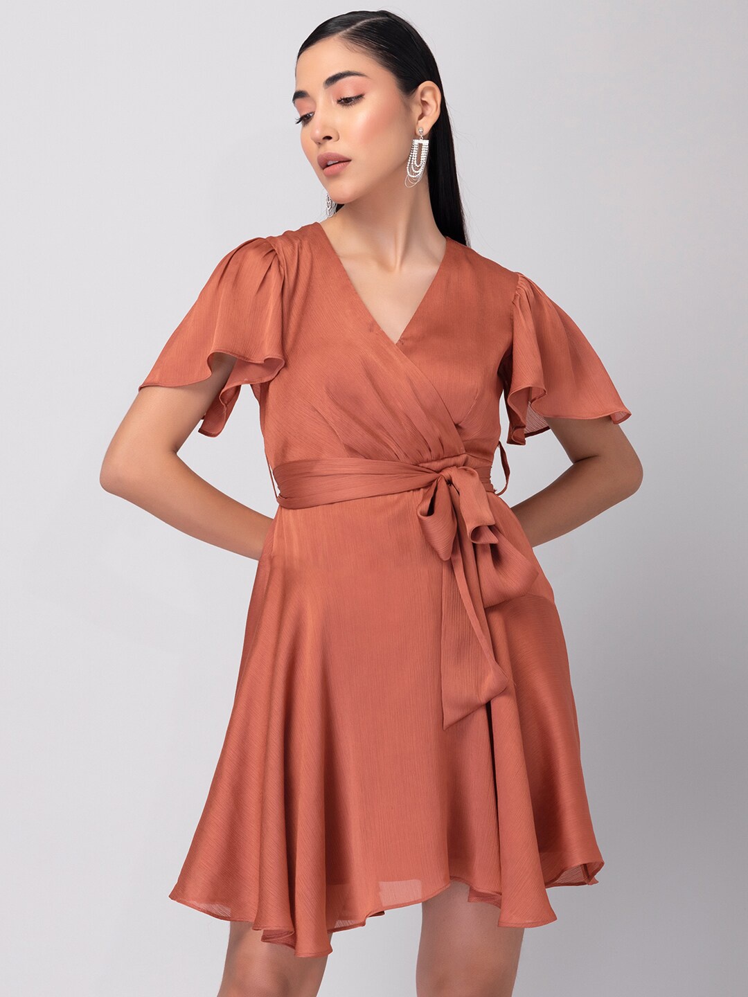 

FabAlley V-Neck Flared Sleeves Georgette Dress, Rust