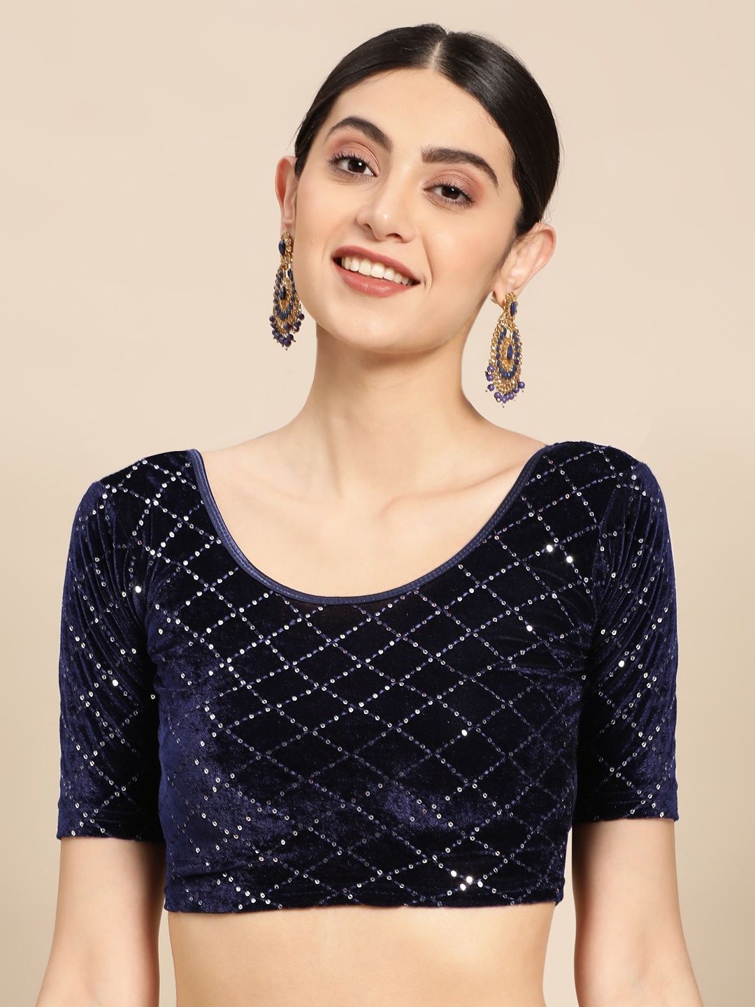 

VASTRANAND Embellished Sequinned Stretchable Velvet Saree Blouse, Navy blue