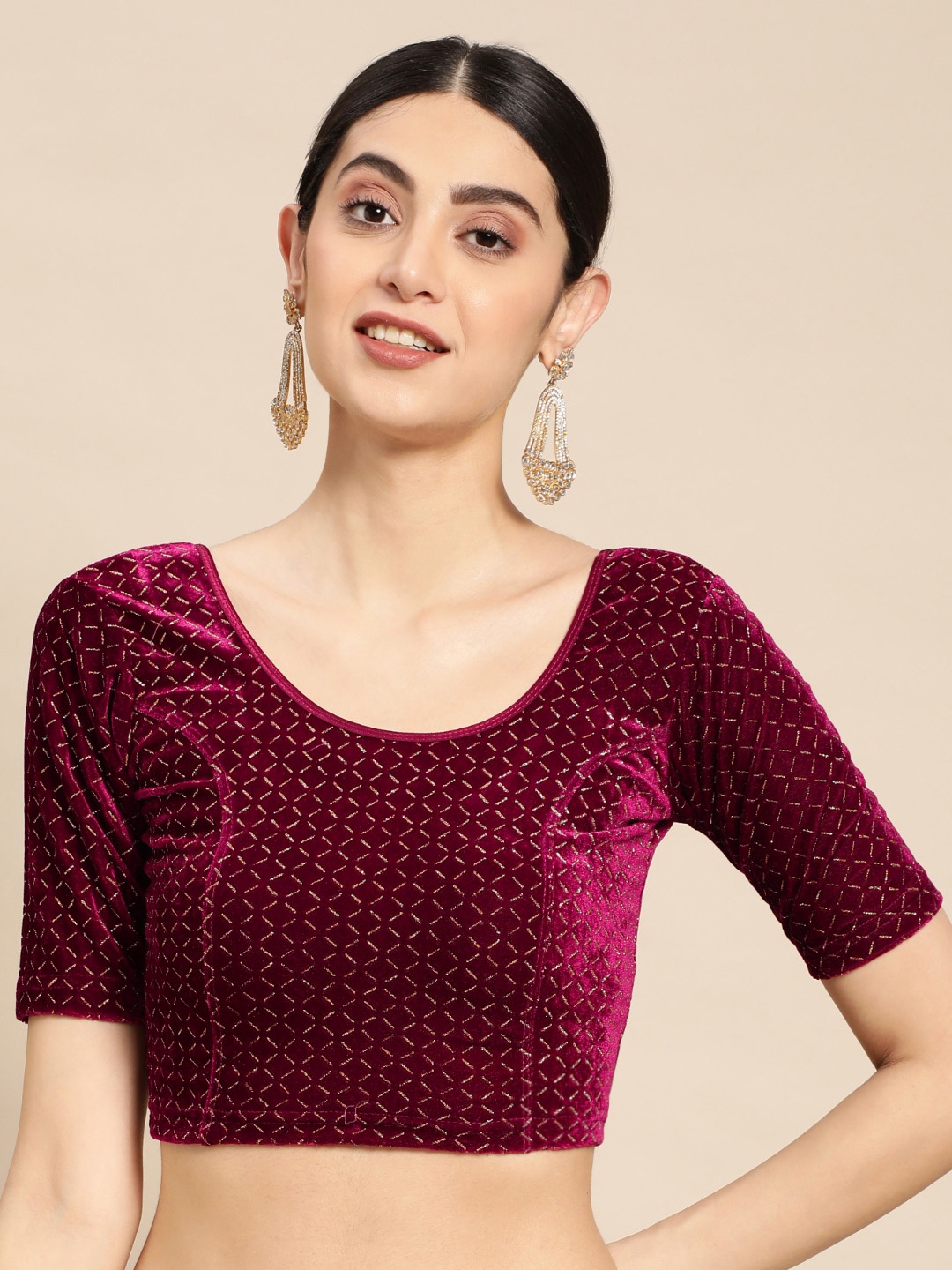 

VASTRANAND Stretchable Zari Thread Work Velvet Saree Blouse, Burgundy