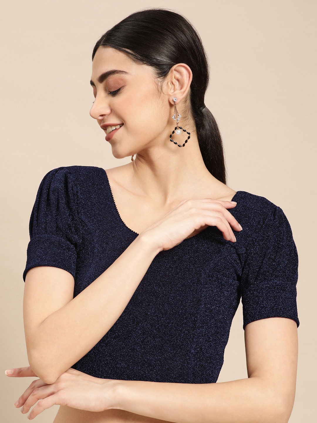 

VASTRANAND Zari Stretchable Saree Blouse, Navy blue
